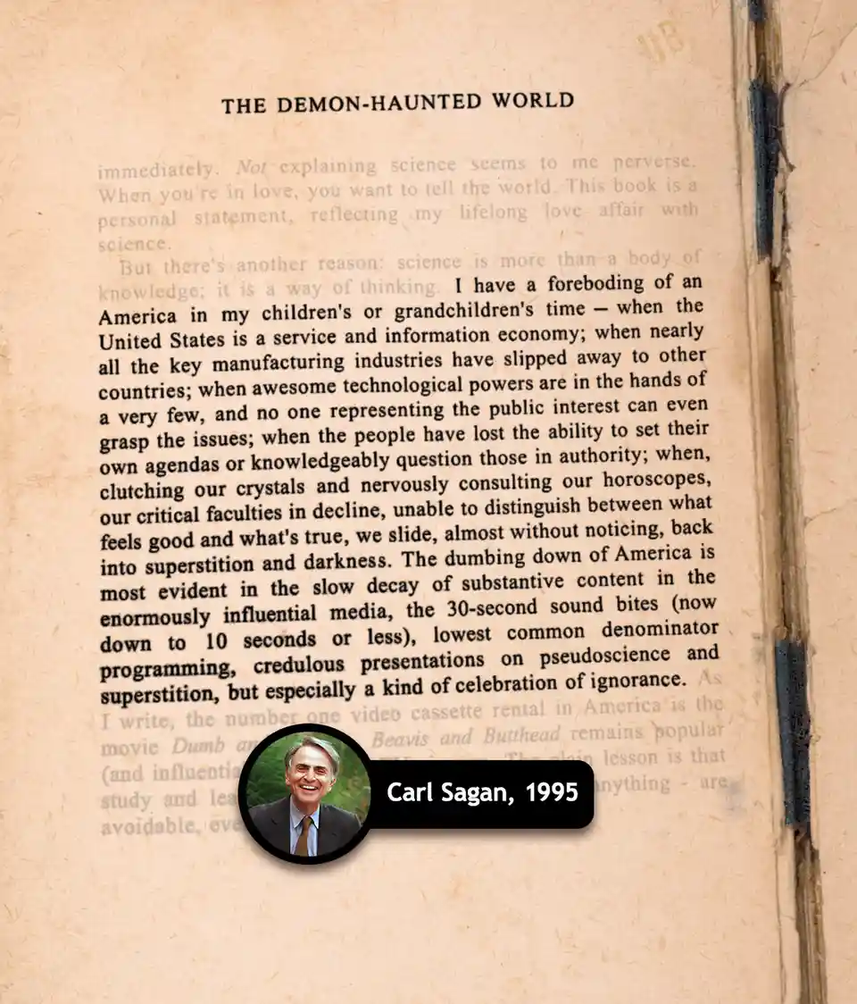 An open book page from 'The Demon-Haunted World' shows a passage about the decline of critical thinking and rise of…
