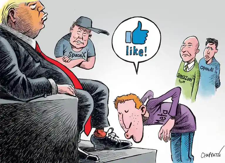A cartoon depicts Donald Trump seated on a throne-like chair, with Elon Musk in a SpaceX shirt and Jeff Bezos in an Amazon…