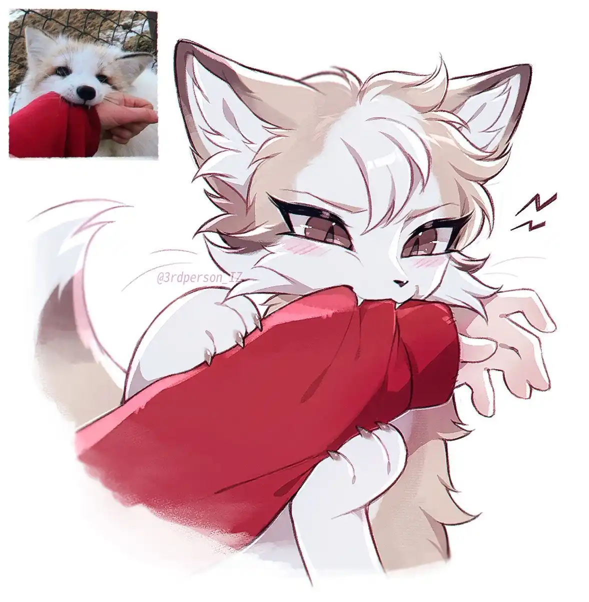 A small fox pup in a photo is shown biting a red sleeve held by a human hand. The main image is an anime-style illustration…