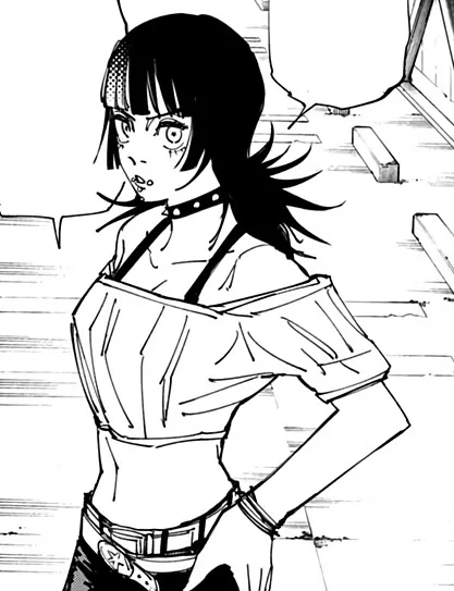 A black-and-white manga panel shows a young woman with dark hair and a choker, standing with one hand on her hip and looking…