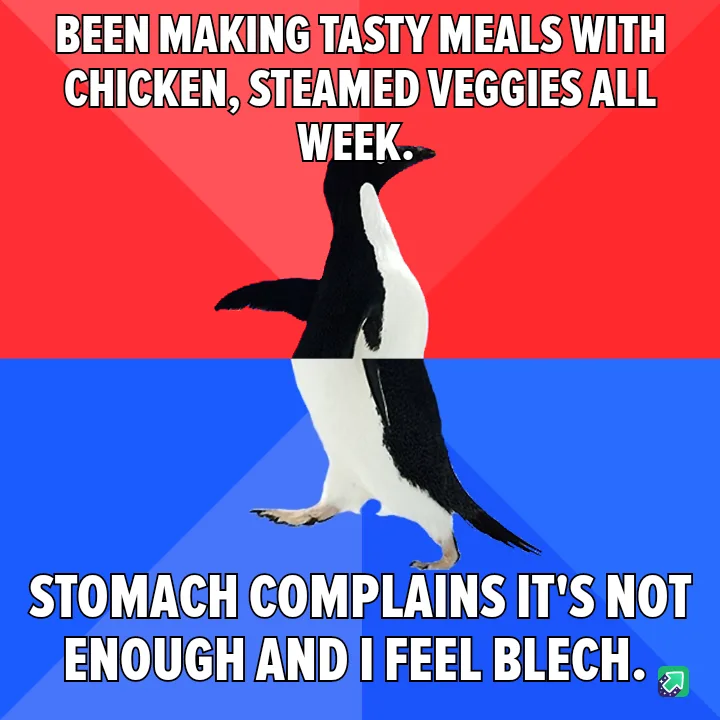 A penguin stands centered against a red and blue background, split horizontally. The top text reads 'BEEN MAKING TASTY MEALS…