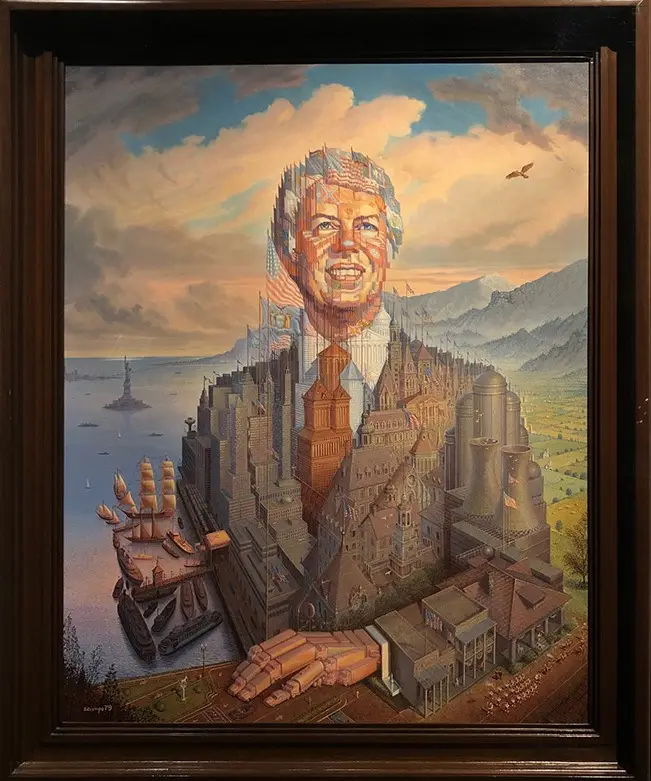 a framed painting depicts a smiling portrait of donald trump, whose face is constructed from various american landmarks and…