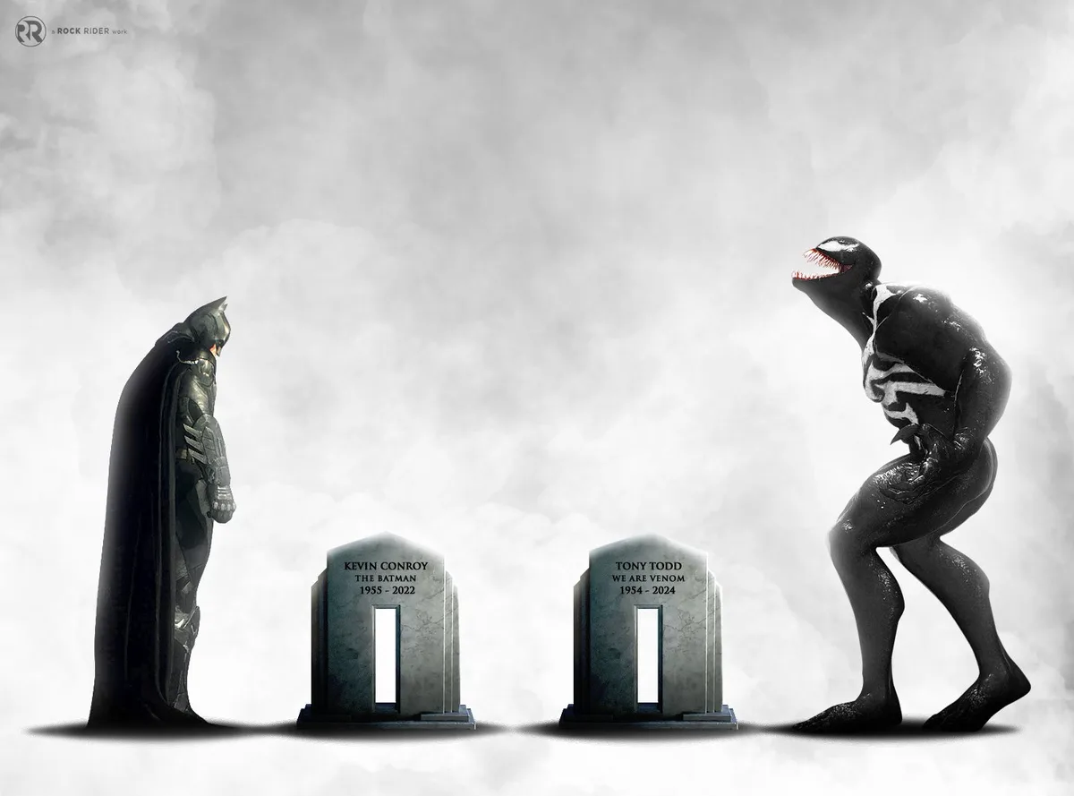 Batman and Venom stand on opposite sides of two tombstones in a cloudy, somber setting. The left tombstone reads 'KEVIN…