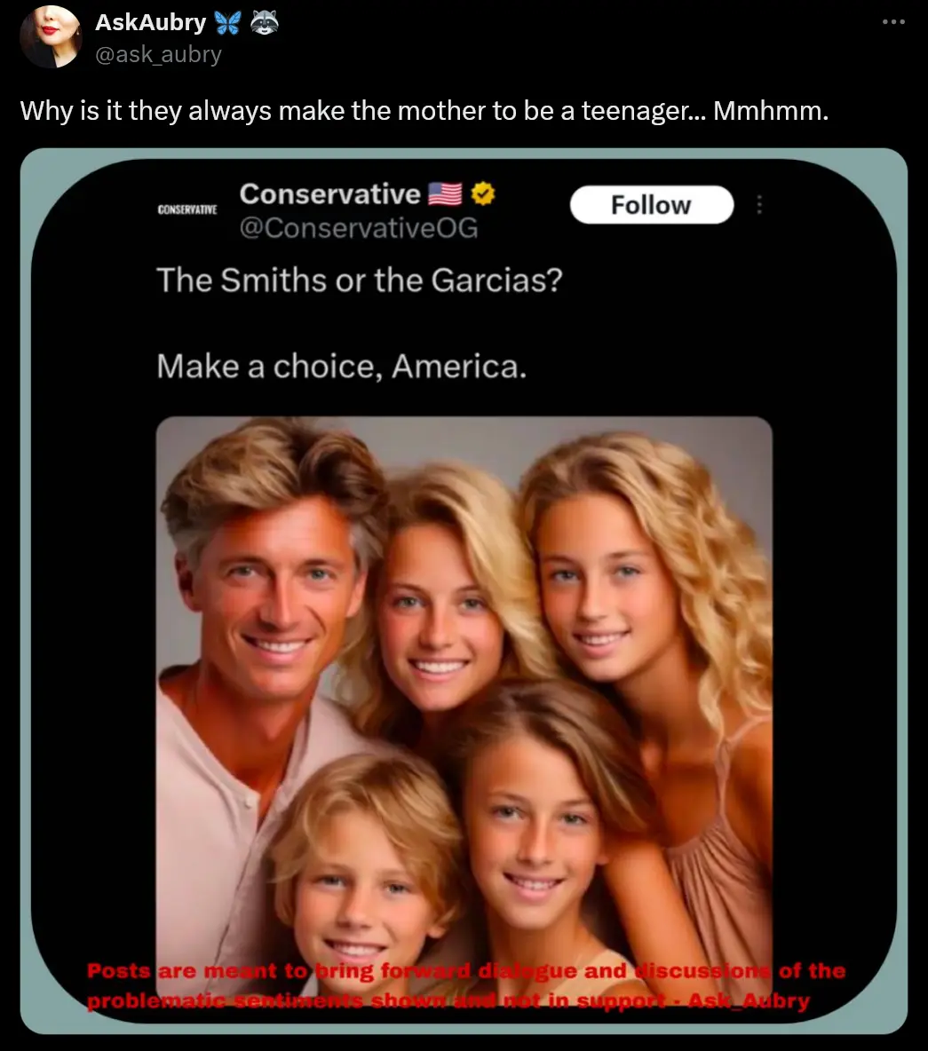 A screenshot of a tweet from a parody account called 'Conservative' shows a family photo of a man, two teenage girls, and…