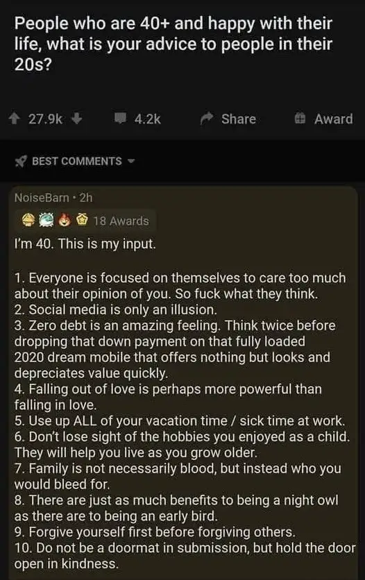 A screenshot of a Reddit comment thread where a user named 'NoiseBarn' responds to a question asking for advice from people…