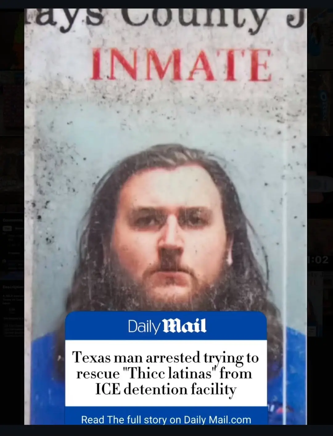 A mugshot of a man with long dark hair and a beard, labeled 'INMATE' in red text at the top. A Daily Mail news banner…