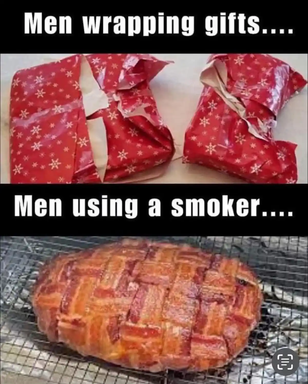 The meme shows two images: the top displays two poorly wrapped gifts in red paper with white snowflake patterns, looking…