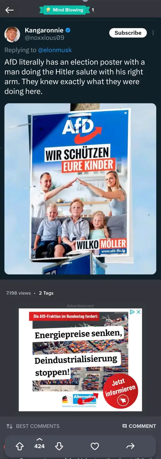 An election poster for the German political party AfD shows a family with a man and woman forming a protective roof shape…