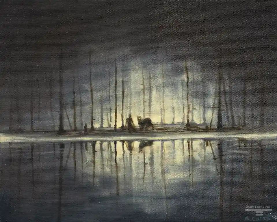 A moody, painterly image depicts two silhouetted figures, one appearing to be a person and the other a dog, standing on a…