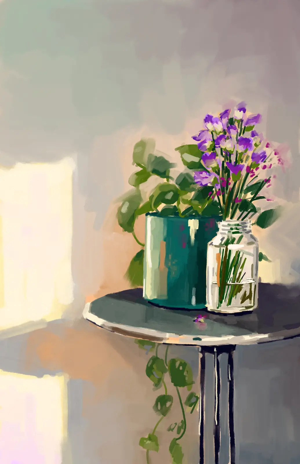 A soft, painterly image shows two potted plants on a small round table near a window. One is a lush green plant in a teal…