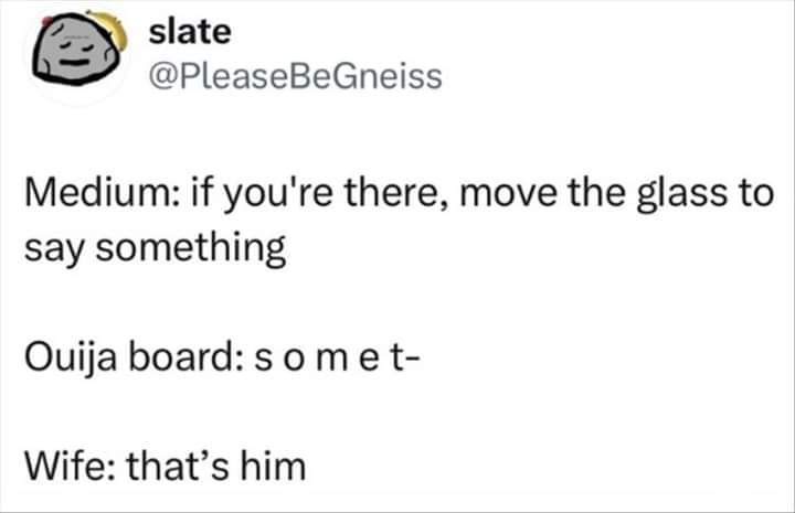 A screenshot of a tweet from @PleaseBeGneiss with a Slate logo, showing a humorous exchange where a medium asks a spirit to…