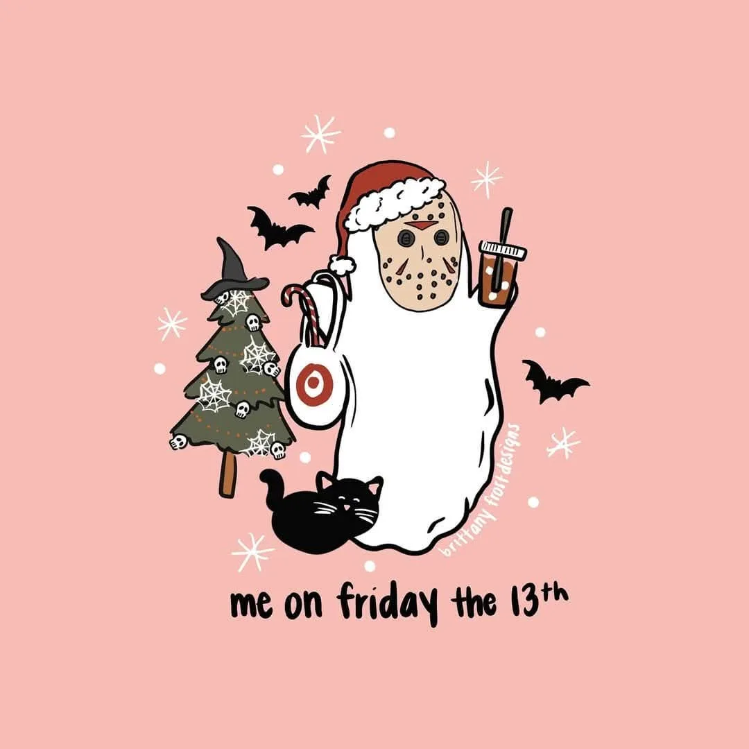 A cartoon illustration shows a figure in a white ghost costume wearing a red Santa hat and a Jason Voorhees hockey mask…
