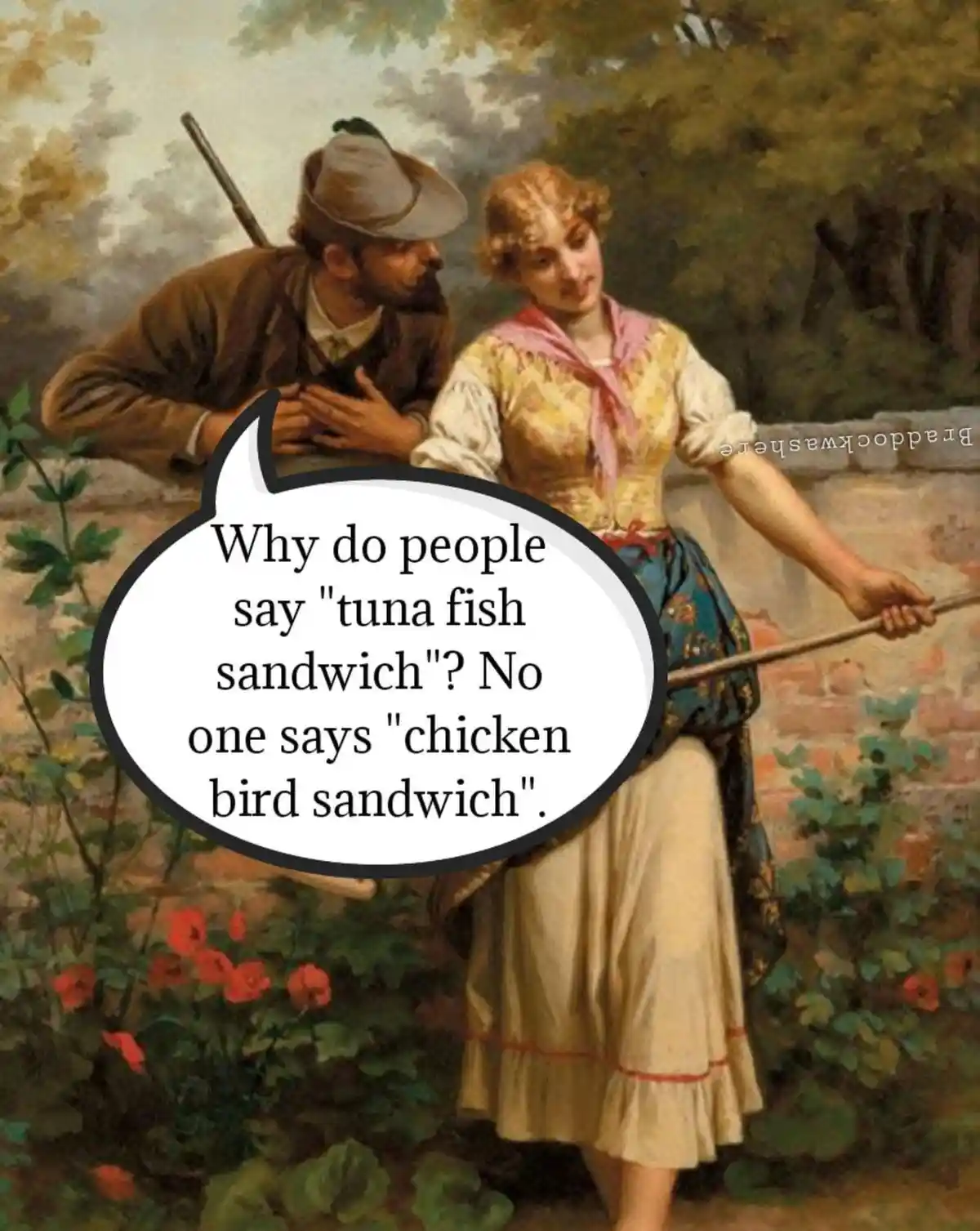 A classical painting depicts a man in a hat leaning on a stone wall, looking at a woman in period clothing holding a stick…