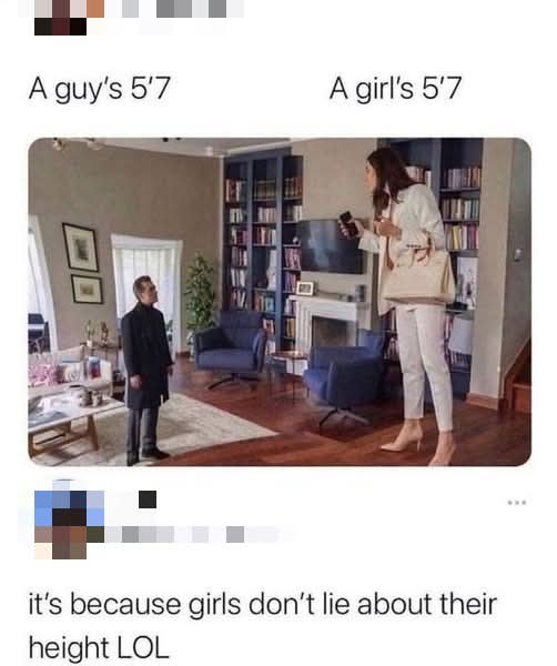 A man and a woman stand facing each other in a living room; the man is visibly shorter than the woman. Text above them…