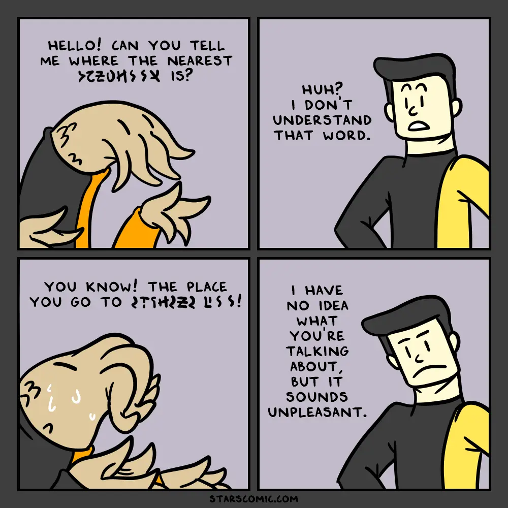 A four-panel comic shows an alien with a long neck and large head asking a human for the nearest 'yzzuhssx', which the human…