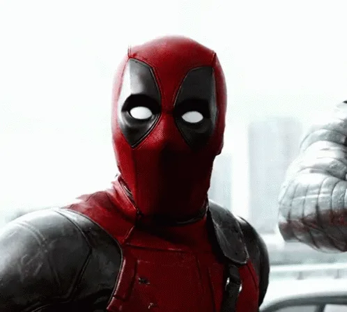 The image shows six panels of the superhero Deadpool in his red and black suit, with a cityscape blurred in the background…
