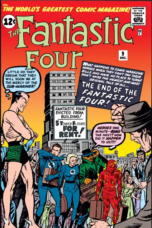 A vintage Fantastic Four comic book cover shows the heroes, including the Human Torch and the Thing, carrying luggage while…