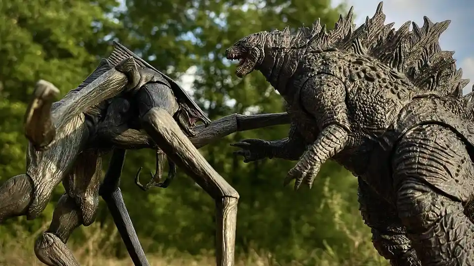 Two large, detailed monster action figures, resembling Godzilla and King Kong, are posed in a dynamic combat scene outdoors…