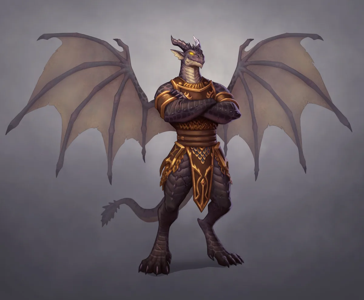A dark purple dragon with large bat-like wings and a spiked tail stands confidently with arms crossed, wearing ornate golden…