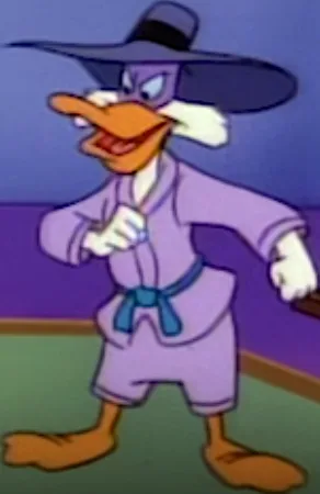 A cartoon duck wearing a wide-brimmed black hat and a purple martial arts gi with a blue belt, standing in a confident pose…