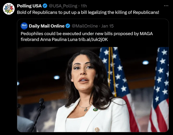 A screenshot of a Twitter thread shows a tweet from 'Polling USA' mocking a fictional Republican bill, followed by a tweet…