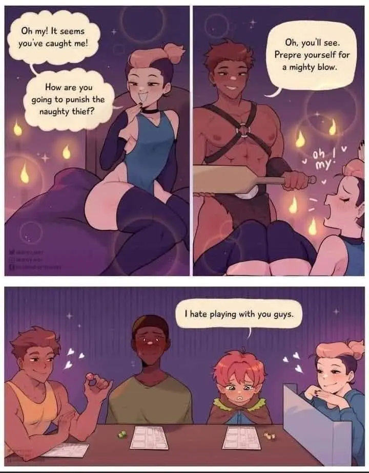 A three-panel comic depicts a fantasy-themed scenario where a woman is caught stealing and is about to be punished by a man…