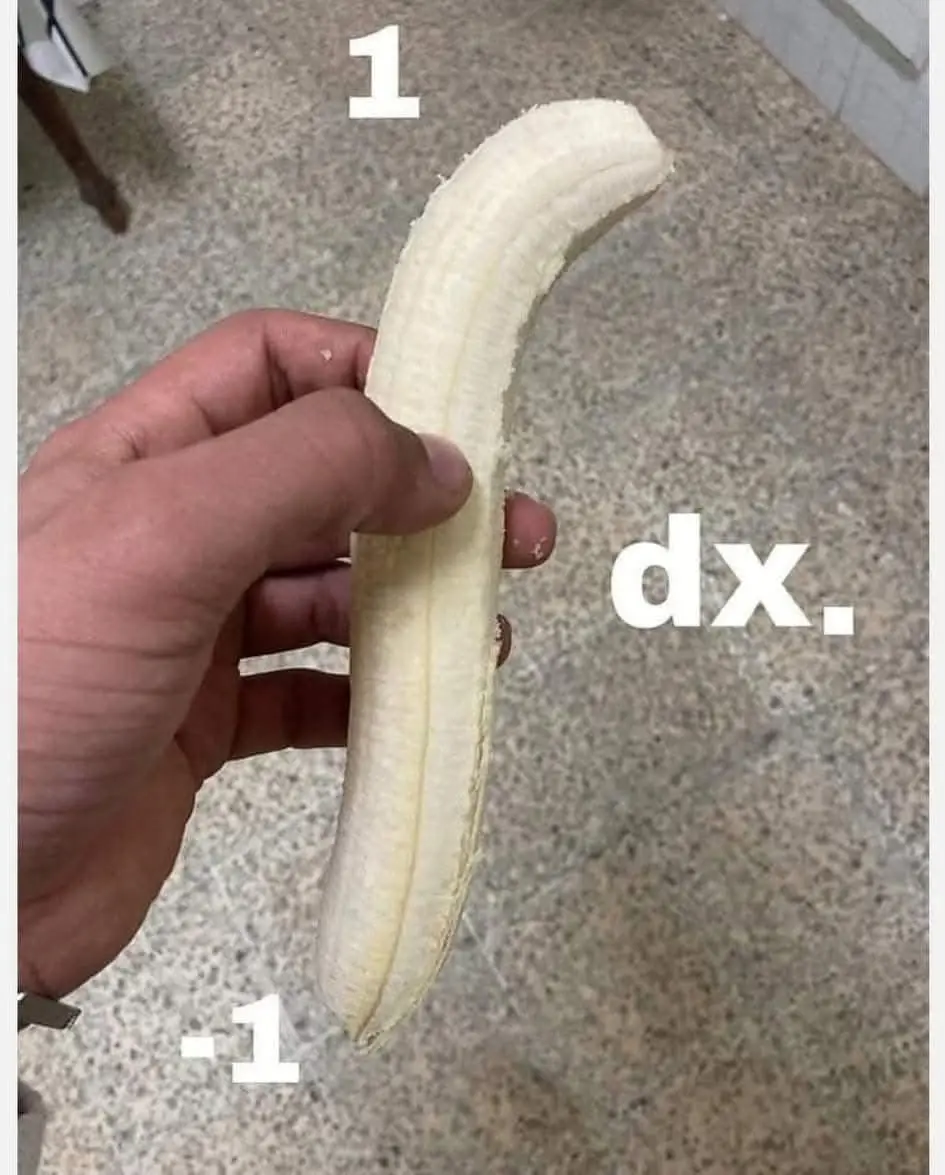 A hand holds a peeled banana against a speckled countertop. The number '1' is overlaid near the top of the banana, 'dx.' is…