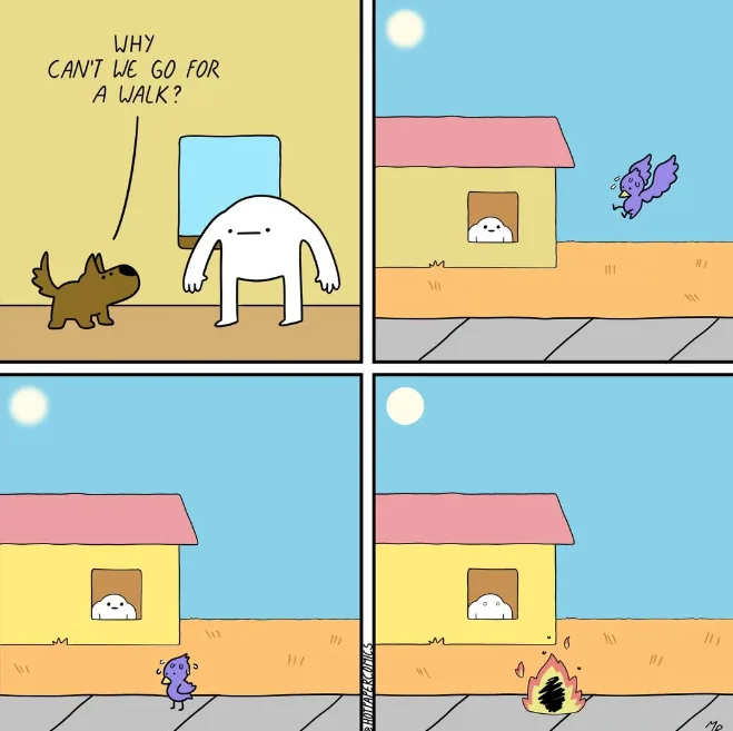 A four-panel comic strip featuring a brown dog asking a white, featureless humanoid figure why they can't go for a walk. The…