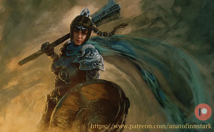 A fantasy illustration of a female warrior with dark hair, wearing ornate armor and holding a large shield and a spear over…