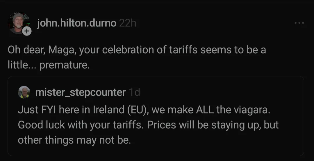 A screenshot of a social media thread shows a user named 'john.hilton.durno' commenting that MAGA's celebration of tariffs…