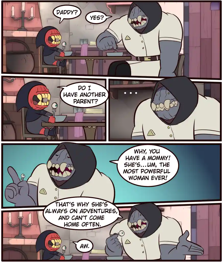 A four-panel comic strip featuring two cartoonish, hooded, monstrous characters at a dining table. The smaller child-like…