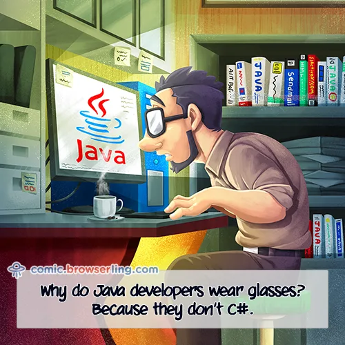 A cartoon man with thick glasses sits at a desk, intensely staring at a computer monitor displaying the Java logo. A…