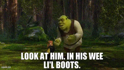 The image shows six identical frames of the animated character Shrek standing in a forest, looking down at a small character…