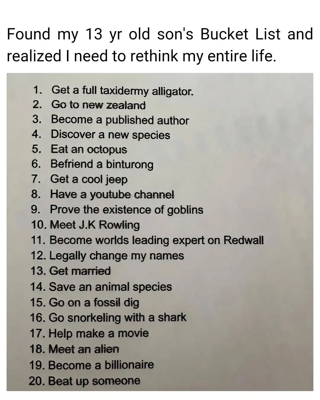 A printed bucket list for a 13-year-old son, listing 20 ambitious and bizarre goals like 'Get a full taxidermy alligator,'…
