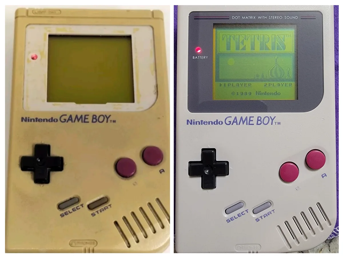 The image shows two side-by-side Nintendo Game Boy consoles. The left one is a heavily stained, yellowish Game Boy with a…