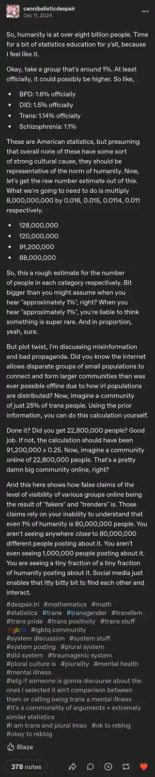 A text-based post on a dark background presents a statistical argument about the size of various minority groups, using…