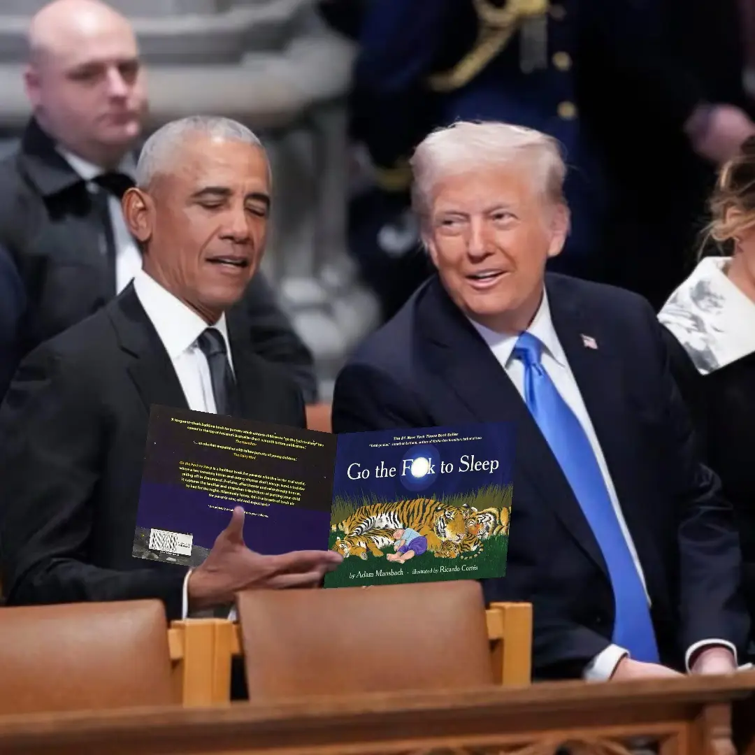 A photo of former President Barack Obama and former President Donald Trump seated side-by-side, with Obama holding a book…