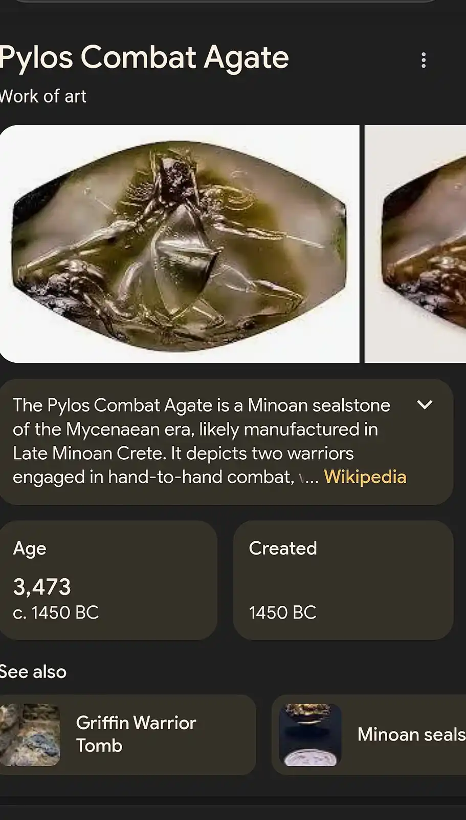 The image displays a close-up of the Pylos Combat Agate, an ancient Minoan sealstone from around 1450 BC. The stone…