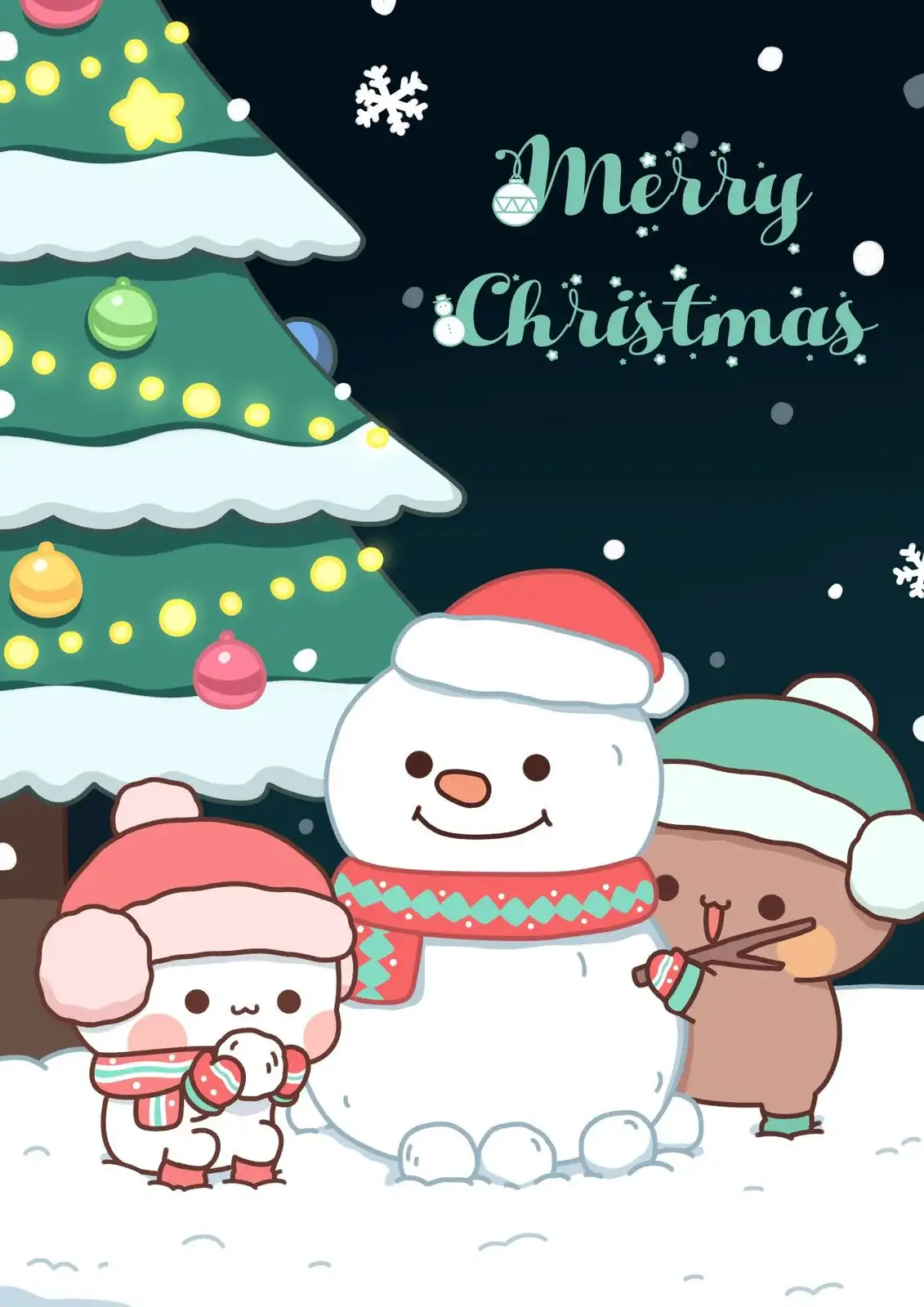 A festive cartoon image shows a snowman wearing a red hat and scarf standing between two cute animal characters in winter…