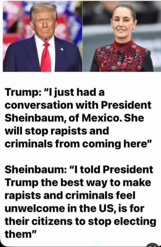 The image displays two side-by-side photos: Donald Trump on the left in a suit and red tie, and Mexican President Claudia…