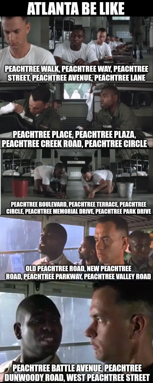 A five-panel meme using scenes from the movie 'The Green Mile' to humorously depict Atlanta's overwhelming number of streets…