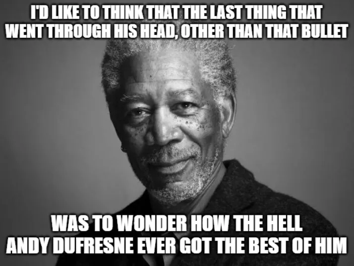 A black-and-white portrait of Morgan Freeman smiling gently, with bold white text overlaid in two sections. The top text…