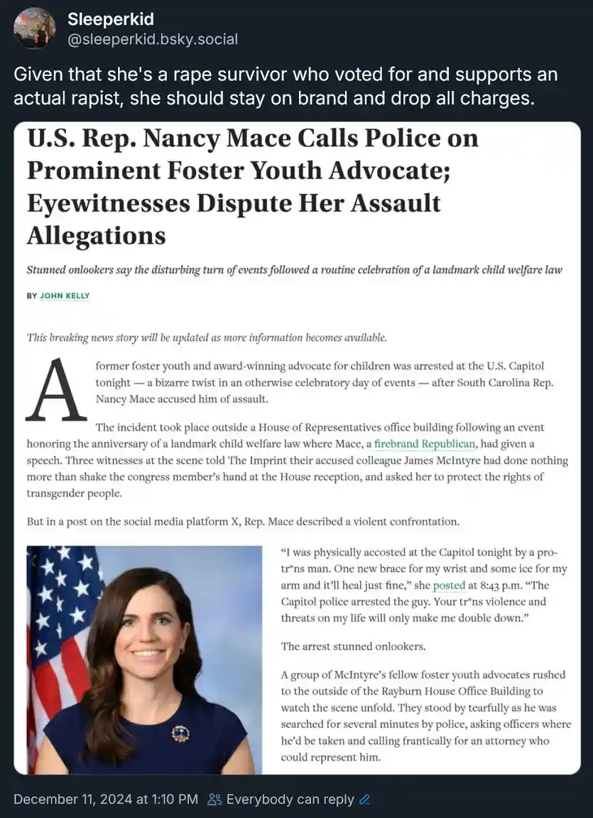 A screenshot of a social media post by 'Sleeperkid' featuring a news article about U.S. Rep. Nancy Mace. The article details…