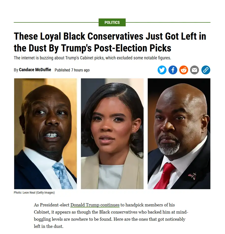 A screenshot of a news article titled 'These Loyal Black Conservatives Just Got Left in the Dust By Trump's Post-Election…