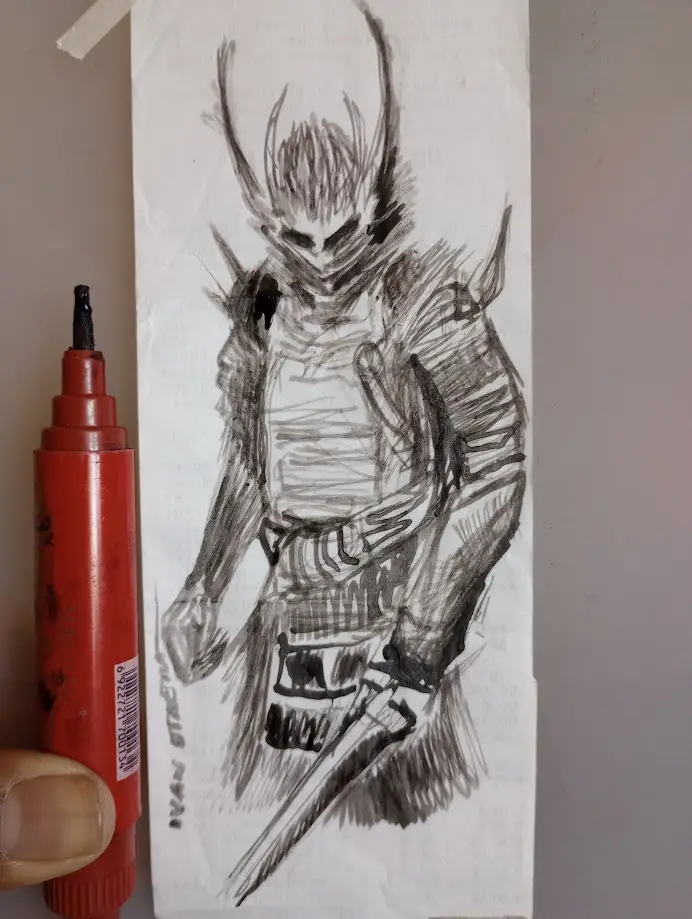 A hand-drawn sketch of a menacing, horned warrior in armor holding a sword, rendered in black ink on paper. A red marker is…