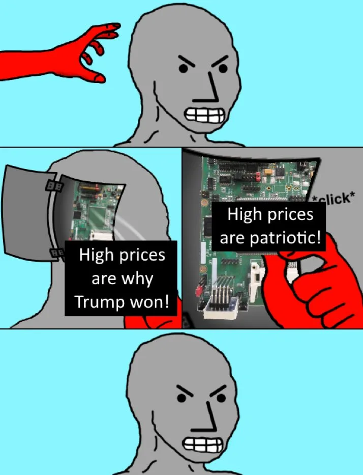 A three-panel meme featuring a gray, angry cartoon man. In the top panel, a red hand reaches toward him. The middle panel…