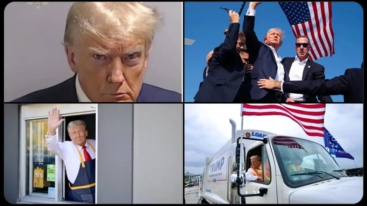 A four-panel meme collage showing Donald Trump in various scenarios: a close-up of his angry face, waving at a rally with an…