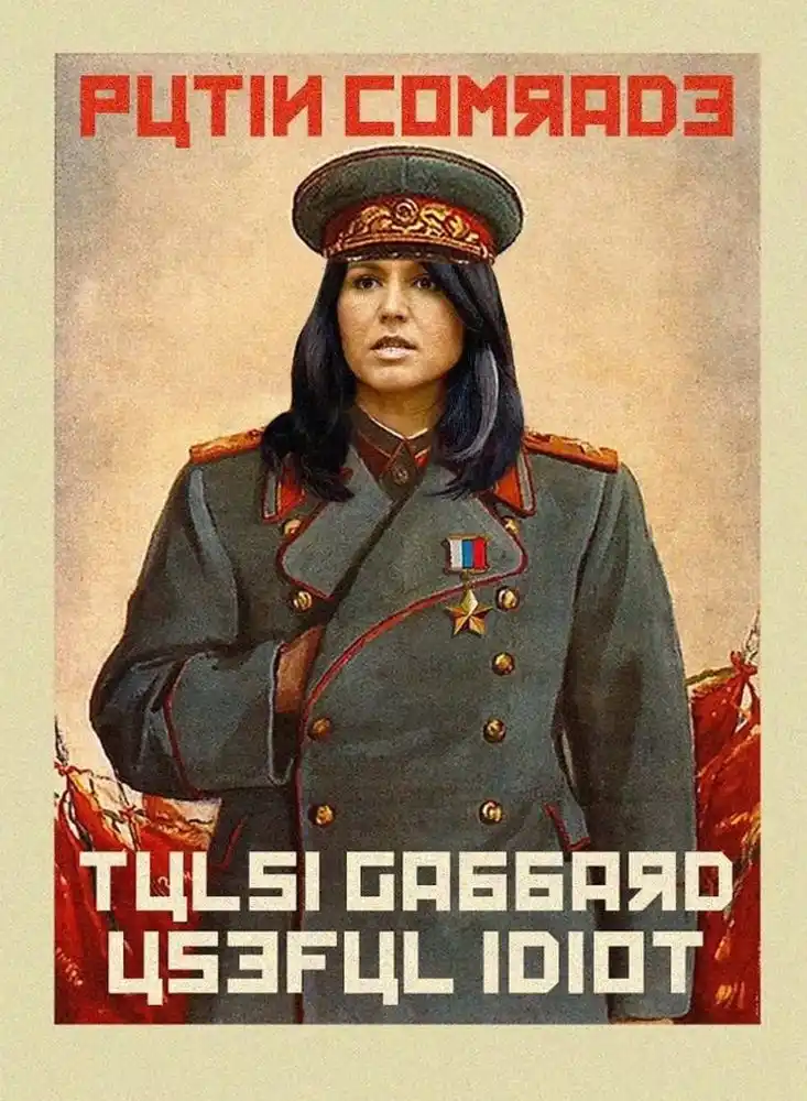 A digitally altered propaganda-style poster features a woman in a Soviet military uniform with medals, set against a red…
