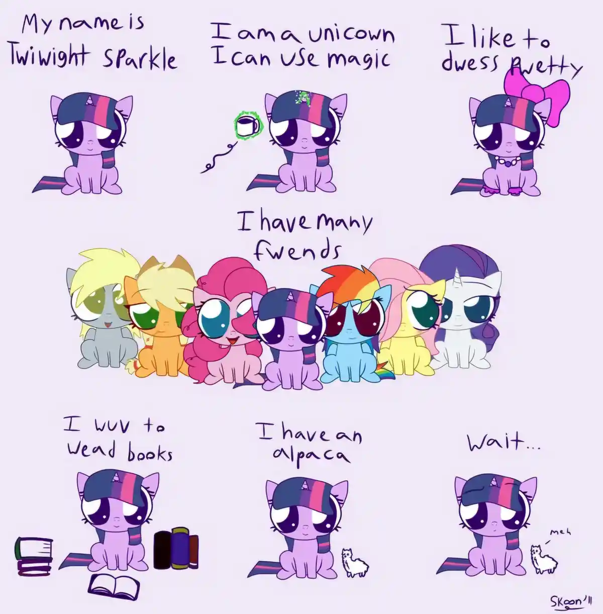 A chibi-style cartoon of Twilight Sparkle from My Little Pony, shown in multiple panels introducing herself with text…