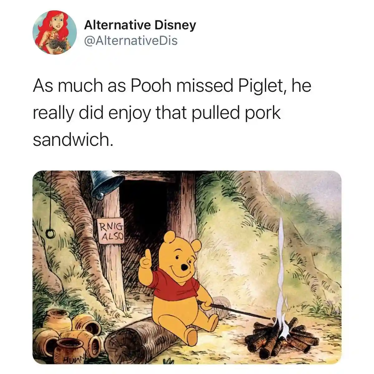 A classic Winnie the Pooh illustration shows him sitting happily by a campfire, roasting a sausage on a stick while wearing…